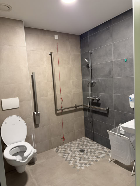 Bagno accessibile con WC, doccia a pavimento e maniglie di sostegno
