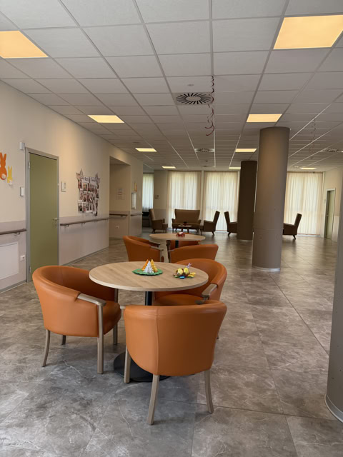 Sala da pranzo e socializzazione con tavoli e poltrone